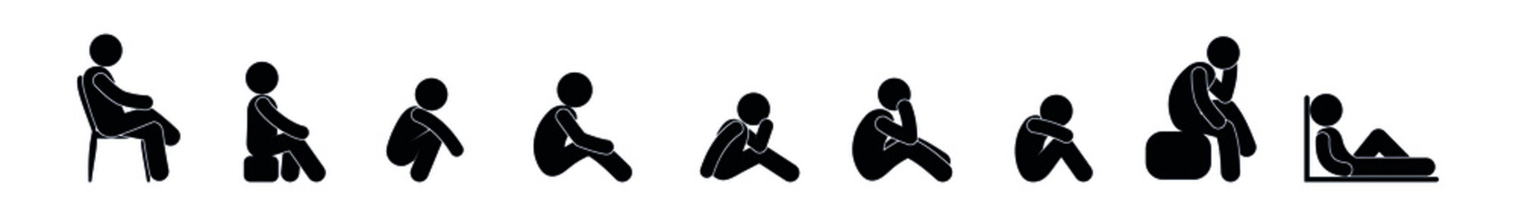 sitting people icons collection, isolated stick figure man sat down pictograms, human silhouettes flat vector illustration