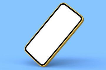 Realistic gold smartphone with blank white screen isolated on blue background