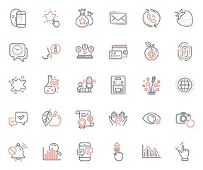 Business icons set. Included icon as Medical food, Dirty spot and Touchscreen gesture web elements. Approve, Ranking star, Video conference icons. Fingerprint, Call center, Swipe up web signs. Vector