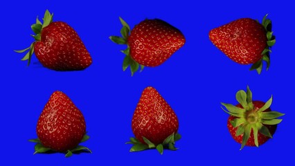 strawberries spinning, different angles on blue screen for compositing