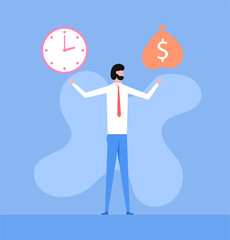 Time or money concept. Man doing choice clock or bag with money. Vector abstract scene
