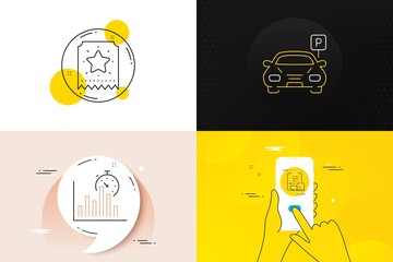 Minimal set of Inventory checklist, Parking and Loyalty ticket line icons. Phone screen, Quote banners. Report timer icons. For web development. Warehouse control, Car park, Bonus star. Vector