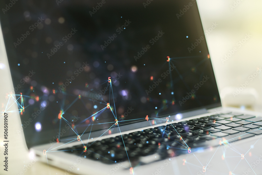 Poster double exposure of technology hologram on laptop background. research and development software conce