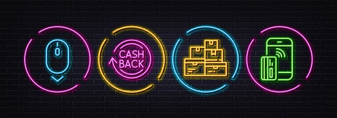 Wholesale goods, Scroll down and Cashback minimal line icons. Neon laser 3d lights. Contactless payment icons. For web, application, printing. Vector