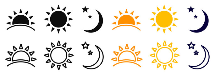 Set of time of the day icons. Rising and setting sun, crescent moon and stars, day and night time symbols. - obrazy, fototapety, plakaty