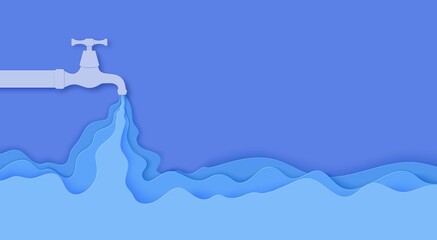 Faucet from which water flows in paper cut style. Flowing liquid and waves in blue papercut art. Water pipe with tap valve. Save the Water ecological poster. Environment card template. Vector card