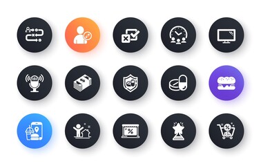 Minimal set of Checkbox, Medical drugs and Market flat icons for web development. Usd currency, Food app, Burger icons. Monitor, Microphone, Journey path web elements. Winner. Vector