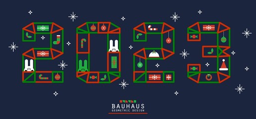 2023 New Year or Christmas card in Bauhaus style. Outline numbers and Xmas tradition signs simple geometric shapes. Chinese New Year rabbit or bunny symbol of 2023. Vector card illustration