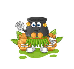 cauldron hawaiian waving character. cartoon mascot vector