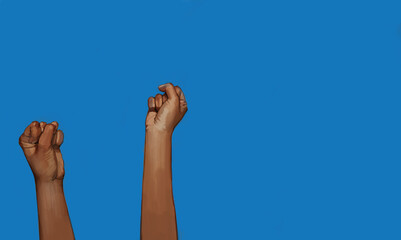 hands raised with closed fists. Several hands raised up with a closed fist symbolize protest.