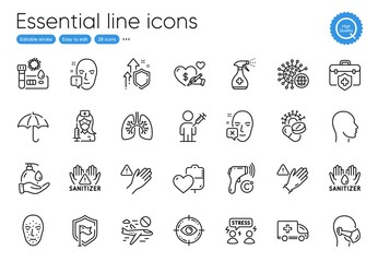 Improving safety, Face biometrics and Umbrella line icons. Collection of Shield, Medical insurance, Difficult stress icons. Electronic thermometer, Use gloves, Hand sanitizer web elements. Vector