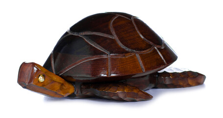 Wooden turtle Jewelry box on white background isolation
