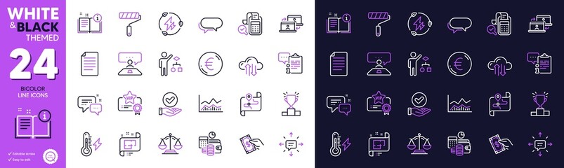 Pay money, Justice scales and Budget accounting line icons for website, printing. Collection of Map, Paint roller, Trade infochart icons. Employees messenger, Algorithm. Bicolor outline icon. Vector