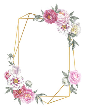 Golden crystal-shaped frame with peonies. Floral template for a wedding invitation cards and greeting cards. Isolated object on white background.  Hand drawn botanical illustration. 