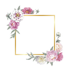 Vintage frame with peonies. Floral template for a wedding invitations and greeting cards. Isolated object on white background.  Hand drawn botanical illustration. 