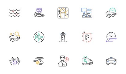 Fototapeta premium Car service, Inventory report and Waves line icons for website, printing. Collection of Vip transfer, Flight time, Medical helicopter icons. Parking, Taxi, Lighthouse web elements. Vector