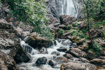 Obraz premium Aber Falls or in Welsh Rhaeadr Fawr is waterfall located about two miles south of the village of Abergwyngregyn, Gwynedd, Wales