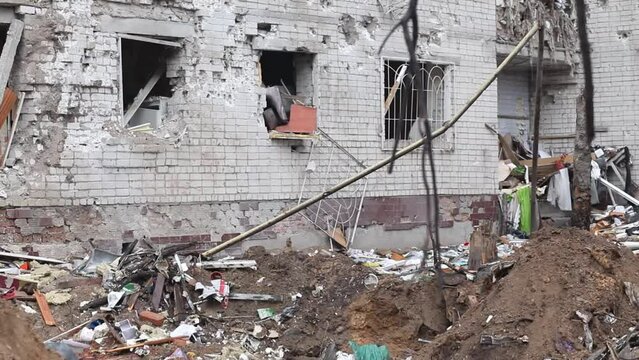 Ruined city Chernihiv near Kyiv on north of Ukraine, damages, destructions, destroyed burnt out infrastructure, ruins of city because of terrorist attacks, bomb shelling of civilian object.