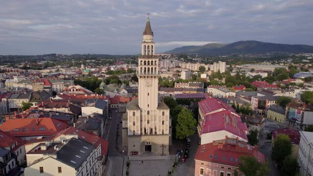 Bielsko-Biala from a drone on a sunny day. Town Hall and the characteristic buildings in the city.