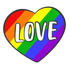 LGBT Word LOVE in heart in colors of rainbow flag. Vector illustration