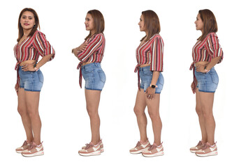 side view of a  group of  various poses of the same woman with sneaker and shorts on white background