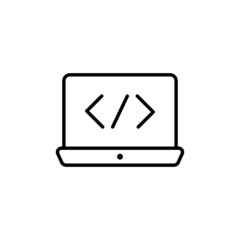 Coding symbol or development icon on computer screen. Trendy flat isolated outline symbol, sign for: illustration, infographic, logo, mobile, app, banner, web design, dev, ui, ux, gui. Vector EPS 10
