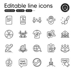Set of Education outline icons. Contains icons as Verified internet, Teamwork and Fake news elements. Court building, Paint brush, T-shirt design web signs. Audit, Teamwork chart. Vector