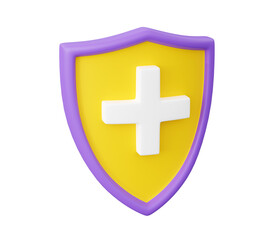 Shield with cross 3d render - medical care and health safety concept with plus sign on shield.