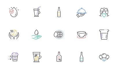 Water care, Beer bottle and Coffee cup line icons for website, printing. Collection of Ice creams, Alcohol free, Wedding glasses icons. Water drop, Restaurant food, Cooking beaker web elements. Vector