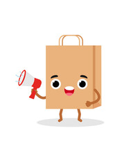 Paper shopping bag emotions character with a megaphone. Emoji vector illustration