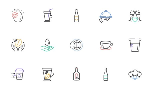Water care, Beer bottle and Coffee cup line icons for website, printing. Collection of Ice creams, Alcohol free, Wedding glasses icons. Water drop, Restaurant food, Cooking beaker web elements. Vector