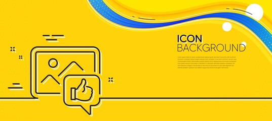 Obraz na płótnie Canvas Like photo line icon. Abstract yellow background. Thumbs up sign. Positive feedback, social media symbol. Minimal like photo line icon. Wave banner concept. Vector