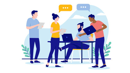 Four people working in office - Group of casual business people discussing with computers and and speech bubbles. Flat design vector illustration with white background