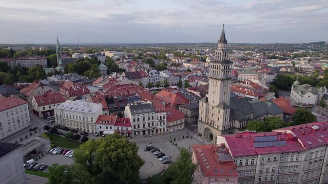 Bielsko-Biala from a drone on a sunny day. Town Hall and the characteristic buildings in the city.