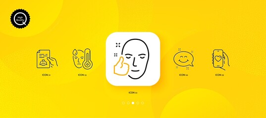 Fototapeta na wymiar Healthy face, Smile chat and Technical documentation minimal line icons. Yellow abstract background. Dating app, Fever icons. For web, application, printing. Vector