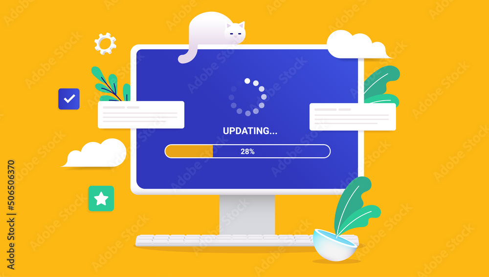 Aufkleber Updating computer - Desktop PC screen with load bar and loading wheel waiting to be updated. Vector illustration