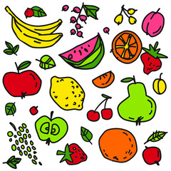 Simple fruit colorful icon set. Doodle hand drawn sketch on white background, organic food vector illustration: apple, orange, cherry, lemon, berry, banana, pear.