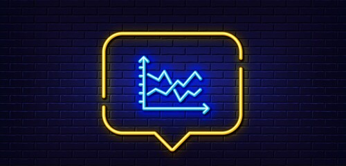 Neon light speech bubble. Diagram chart line icon. Presentation graph sign. Market analytics symbol. Neon light background. Diagram chart glow line. Brick wall banner. Vector