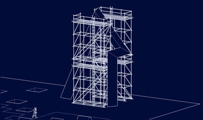 under construction with scaffolding architecture 3D illustration line sketch blueprint