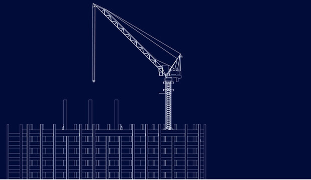 under construction site engineering with tower crane 2D illustration line sketch blueprint