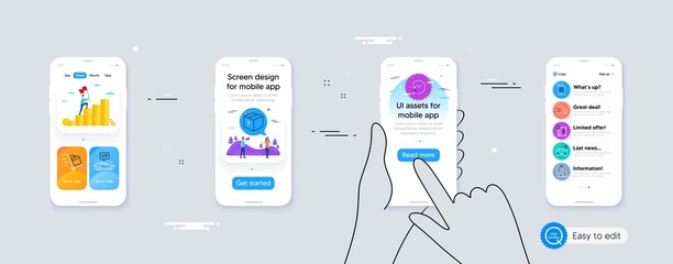 Set of Parking payment, Package and Inventory checklist line icons. Phone ui interface. Include Vip transfer, Passport, Truck delivery icons. Push cart, Delivery time, Parking web elements. Vector