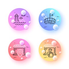 Lighthouse, Market location and Arena minimal line icons. 3d spheres or balls buttons. Delivery market icons. For web, application, printing. Navigation beacon, Shop, Sport stadium. Vector