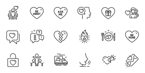 Outline set of Wedding locker, Be mine and Inclusion line icons for web application. Talk, information, delivery truck outline icon. Include Romantic dinner, Heart, Romantic gift icons. Vector
