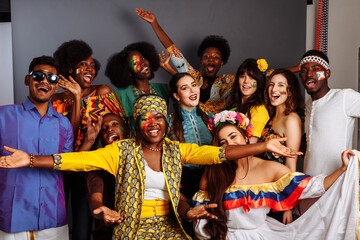 Happy multi ethnic, multicultural young students have a party looking at camera, smiling, posing...