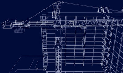 under construction site with tower crane 3D illustration line blueprint