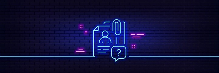 Neon light glow effect. Search employee line icon. Interview candidate sign. Question mark symbol. 3d line neon glow icon. Brick wall banner. Search employee outline. Vector