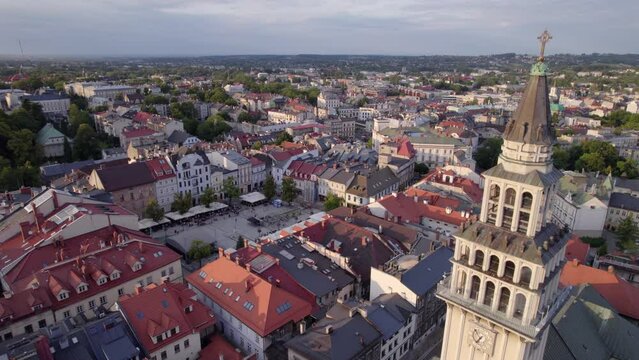Bielsko-Biala from a drone on a sunny day. Town Hall and the characteristic buildings in the city.