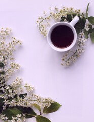 A bouquet of spring white cherry blossoms and a cup of black coffee on a white background. View from above. Delicate floral arrangement. Background for a greeting card.