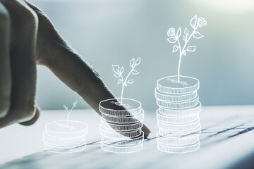 Creative abstract cash savings sketch and hands typing on computer keyboard on background, success and solution concept. Multi exposure