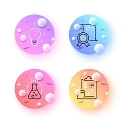 Report, Chemistry lab and Certificate minimal line icons. 3d spheres or balls buttons. Light bulb icons. For web, application, printing. Survey clipboard, Laboratory, Certified file. Vector